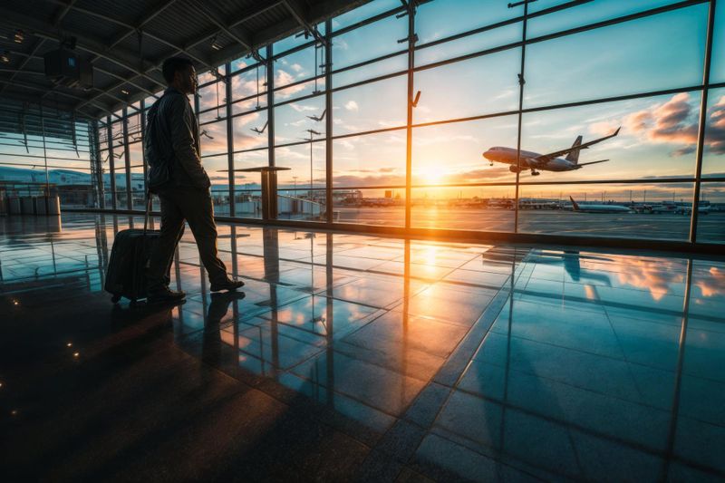 Voyageur avec sa valise dans un terminal d'aéroport au coucher du soleil, avion au décollage
